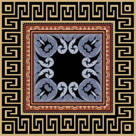 Greek seamless pattern with square frame. Vector ornamental background. Repeat ornate tribal backdrop. Ethnic floral ornament with vintage flowers, leaves. Greek key, meanders, borders. Modern design.のイラスト素材