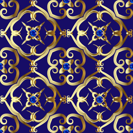 Jewelry gold 3d seamless pattern. Vector gemstones background. Blue sapphires. Luxury repeat backdrop. Vintage hand drawn flowers, swirls, lines. Textured ornate golden design. Surface ornaments.のイラスト素材