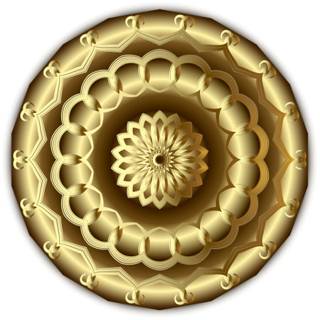 Gold 3d flower. Luxury round mandala pattern. Rosette. Vector background. Surface ornate Deco backdrop. Arabesque modern golden mandala ornament. Decorative textured floral design.のイラスト素材