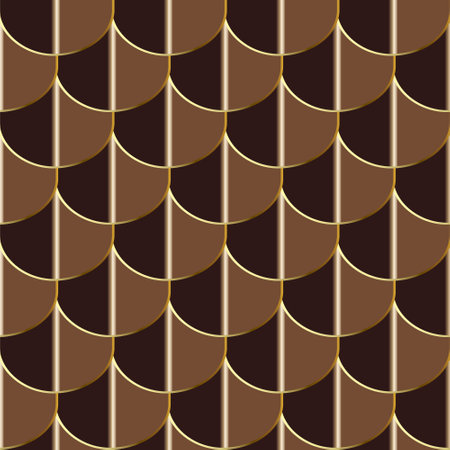 Squama style tiled circles seamless pattern. Modern ornamental vector Deco background. Decorative repeat striped backdrop. Abstract elegant ornaments. Gradient ornate luxury design with gold outlines.のイラスト素材
