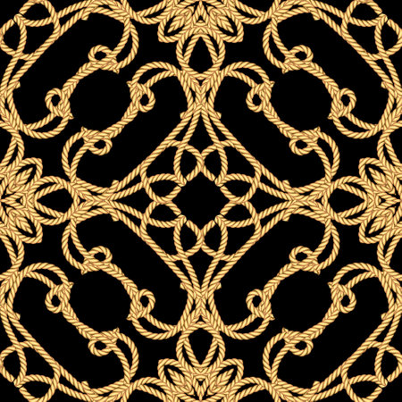 Ropes seamless pattern. Floral ornamental vector background. Repeat decorative gold strings ornaments. Hand drawn colorful textured design with surface ropes, strings, knots, curves, flowers, lines.のイラスト素材