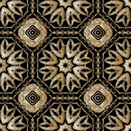 Textured gold seamless pattern. Vector ornamental background. Colorful floral tribal ethnic tapestry...