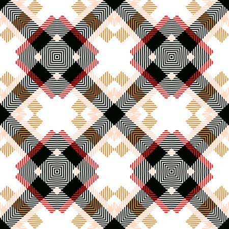 Scottish style plaid seamless pattern. Tartan colorful vector background. Striped geometric repeat backdrop. Tribal ethnic ornaments with stripes, zigzag lines, rhombus, shapes. Modern grunge design.のイラスト素材