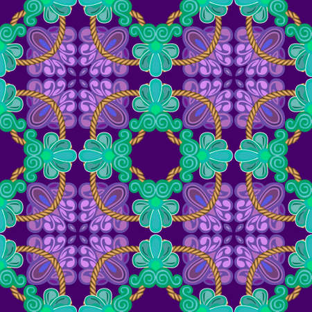 Textured arabesque seamless pattern. Tribal ethnic style ornamental background. Vector gold strings and ropes ornaments. Floral design with flowers, mandalas. For fabric, prints, textile, wallpapers.のイラスト素材