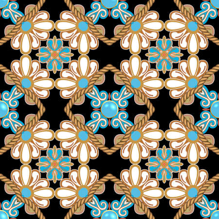 Floral ethnic seamless pattern. Ornamental background. Vector gold strings and ropes ornaments....