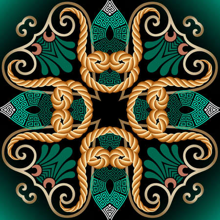 Textured greek seamless pattern. Vintage ethnic glow background. Vector decorative repeat ornaments. Floral design with beautiful flowers, leaves, golden ropes, strings, shapes. Greek key, meanders.のイラスト素材