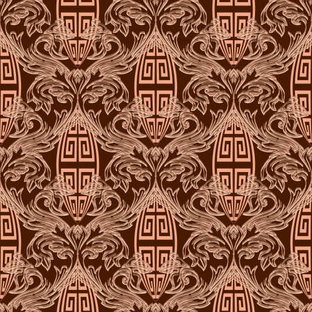 Baroque seamless pattern. Damask ornamental vector background. Floral antique style lines ornaments with vintage flowers, leaves. Repeat ornate backdrop. Modern design. Greek key, meanders.のイラスト素材