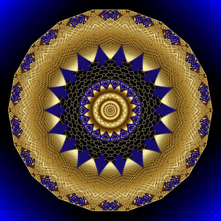 Gold textured round mandala pattern. Vector ornamental luxury background. Beautiful lacy ornament. Surface texture. Rosette. Ornate patterned decorative design with circles, zigzag. Glow backdrop.のイラスト素材