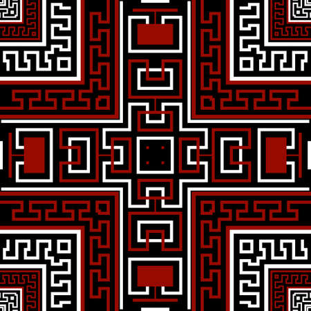 Colorful tribal ethnic seamless pattern. Square frames, borders. Vector black white red background. Greek key, meanders. Abstract geometric ornament with shapes, mazes, lines. Ornate repeat design.のイラスト素材