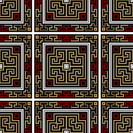 Checkered tribal ethnic seamless pattern. Ornamental vector squares background. Greek key, meanders. Abstract geometric plaid tartan style ancient ornament with square shapes, mazes, lines, stripes.のイラスト素材