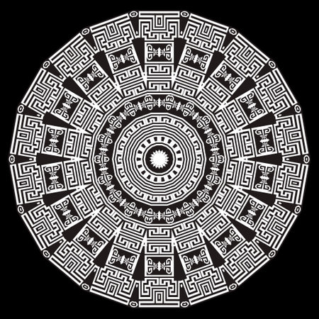 Ethnic greek mandala vector pattern. Ornamental black and white background. Tribal backdrop. Geometric modern radial ornaments. Abstract shapes, circles, frames, borders, greek key, meanders.のイラスト素材