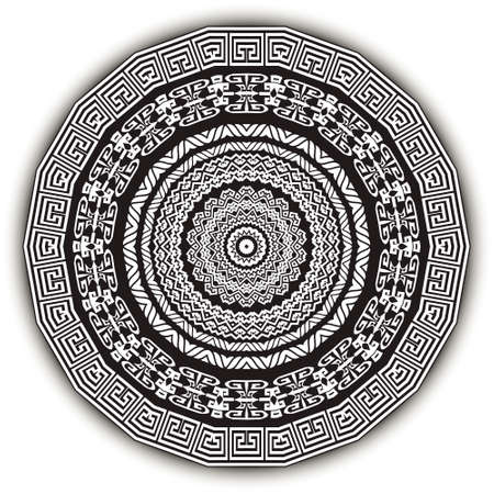 Ethnic greek mandala vector pattern. Ornamental black and white background. Repeat tribal backdrop. Geometric elegant fractal ornament. Abstract shapes, circles, frames, borders, greek key, meanders.のイラスト素材