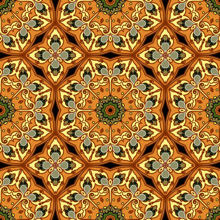 Floral seamless pattern. Beautiful colorful ornamental background. Repeat decorative vector backdrop. Vintage arabesque style ornaments with elegance flowers, leaves, mandalas, swirls. Ornate design.のイラスト素材