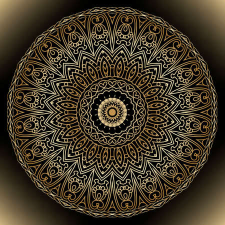 Gold luxury 3d line art mandala pattern. Vector ornamental glowing background. Repeat Deco backdrop. Rosette. Beautiful surface ethnic round ornament with flowers, frame, lines, circles. Rosette.のイラスト素材