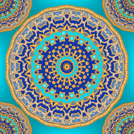 Floral arabesque mandalas seamless pattern. Ornamental vector background. Ethnic style repeat backdrop. Vintage ornaments. Colorful flowers, leaves, frames, borders, lines, circles. Decorative design.のイラスト素材