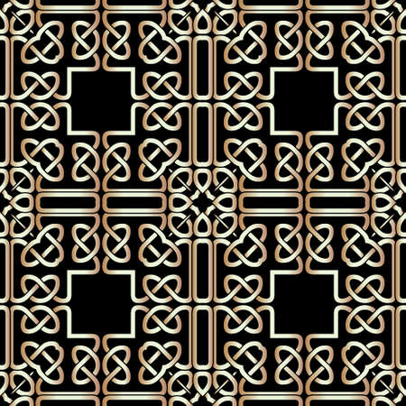 Gold celtic seamless pattern. Vector ornamental intricate background. Repeat Deco backdrop. Golden plexus vintage ornaments. Modern decorative ethnic gothic style design. For wallpapers, prints.のイラスト素材