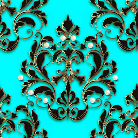 3d vintage floral seamless pattern. Ornamental vector background. Luxury repeat blue backdrop. Ornate gold Damask ornaments. Jewelry design with flowers, leaves, white pearls, gemstones, swirls.のイラスト素材