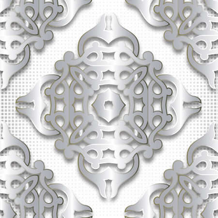 3d silver vintage seamless pattern. Vector digital halftone background. Luxury repeat ornate backdrop. Baroque Damask style ornaments. Decorative surface modern design with flowers, shadows, squares.のイラスト素材
