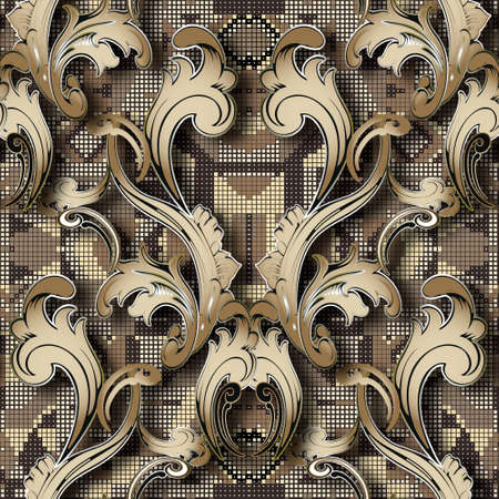 3d gold Baroque seamless pattern. Textured grunge mosaic background. Modern repeat vector backdrop. Vintage 3d leafy ornaments. Abstract luxury ornate design with golden Baroque style flowers, leaves.のイラスト素材