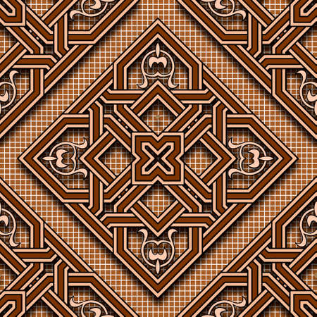 Arabesque floral 3d seamless pattern. Textured digital mosaic background. Vector repeat grid backdrop. Arabian style geometric ornament with flowers, leaves, squares, rhombus, shadows. Ornate design.のイラスト素材