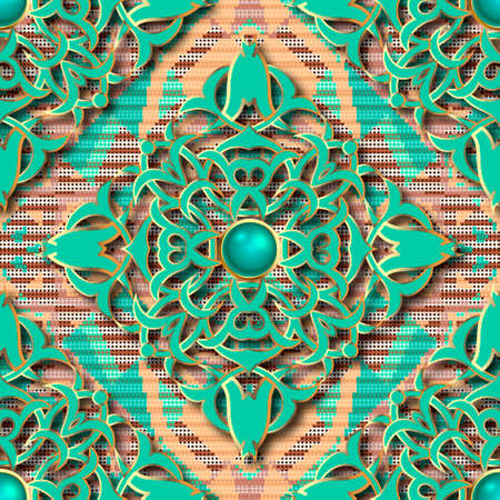 3d vintage seamless pattern. Textured grunge background. Abstract repeat stiped backdrop. Baroque Damask style ornaments. Jewelry surface modern design with flowers, leaves, shadows, 3d buttons.のイラスト素材