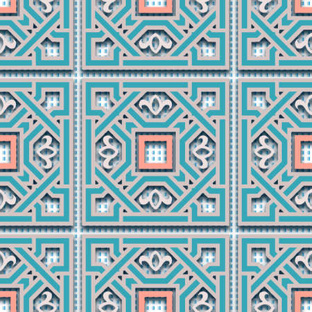 3d floral seamless pattern. Textured waffle background. Vector ornamental repeat backdrop. Surface arabesque style ornaments with geometric shapes, flowers, squares, lines, stripes. Grunge texture.のイラスト素材