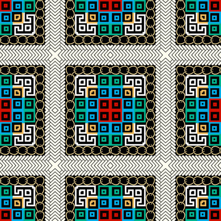 Colorful geometric seamless pattern. Tribal ethnic background. Repeat vector backdrop. Plaid tartan ornament. Abstract decorative design with necklace, braided shapes, greek meanders, stripes, zigzag.のイラスト素材