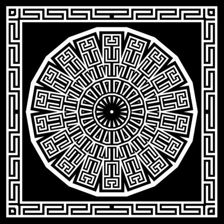 Greek round mandala and square frame. Shawl pattern. Ornamental geometric background. Abstract black and white backdrop. Ethnic tribal style radial ornament. Greek key, meander borders, mazes, shapes.のイラスト素材