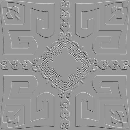 Embossed 3d vector seamless pattern. Greek emboss background. Geometric textured repeat backdrop. Surface modern relief 3d ornaments with embossing effect. Greek key, meanders, wave lines, mazes.のイラスト素材