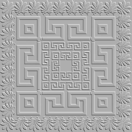 Embossed 3d floral frame pattern. Ancient emboss background. Square frame. Textured 3d backdrop. Surface grunge relief 3d greek ornament with embossing effect. Greek key, meanders, vintage flowers.のイラスト素材