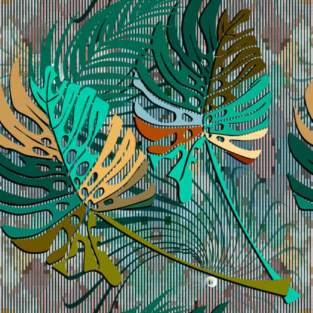 Tropical palm leaves seamless pattern. Ornamental textured colorful background. Repeat leafy grunge backdrop. Beautiful bright tropic ornaments. Endless rough texture. Surface floral modern design.のイラスト素材