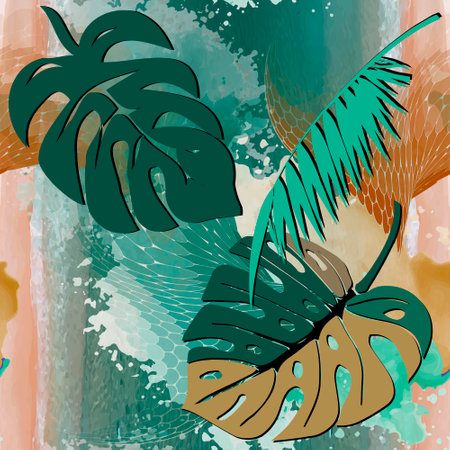 Tropical palm leaves seamless pattern. Ornamental textured colorful background. Repeat leafy grunge backdrop. Beautiful bright tropic ornaments. Endless rough texture. Surface floral modern design.のイラスト素材