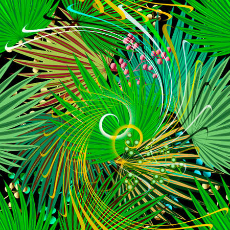 Tropic green Palm leaves seamless pattern. Exotic tropical plants background. Repeat vector backdrop. Floral fantasy tropic ornaments. Textured abstract modern design. Spiral fractals. Abstraction.のイラスト素材