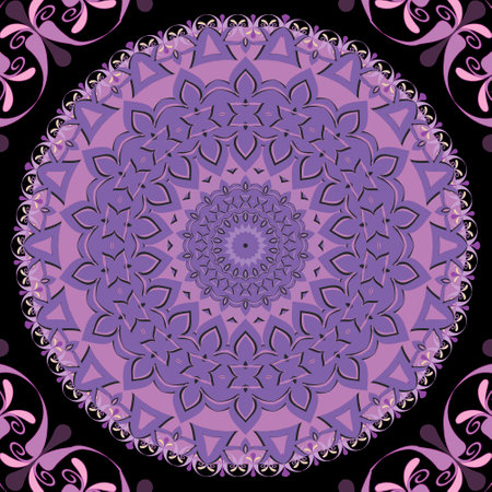 Floral round mandalas seamless pattern. Arabesque ornamental vector background. Vintage ornaments. Colorful Paisley flowers, leaves, lacy frame, border, shapes, lines. Decorative ornate design.のイラスト素材