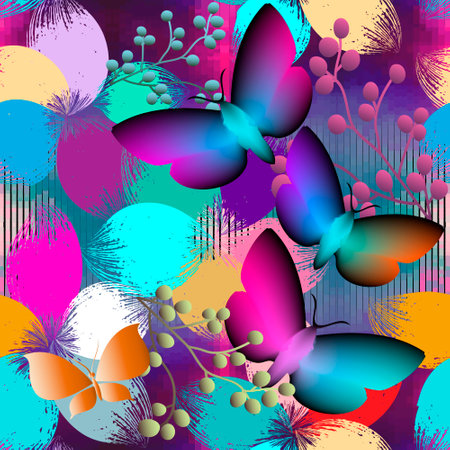 Beautiful floral seamless pattern. Colorful vector textured background. Hand drawn bright strokes flowers with illuminated 3d butterflies. Abstract repeat floral backdrop. Grunge flowers ornament.のイラスト素材
