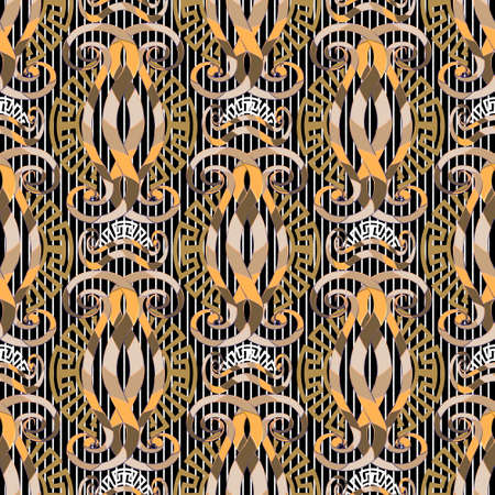 Greek floral vector seamless pattern. Repeat striped background. Greek key, meanders ethnic style ornament. Vintage flowers. Geometric ornate modern design. Luxury endless backdrop. Trendy design.のイラスト素材