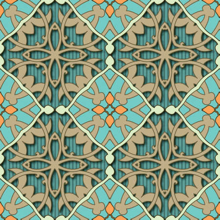 3d vintage seamless pattern. Textured grunge background. Abstract repeat stiped backdrop. Arabesque Damask style ornaments. Modern decorative design with flowers, leaves, stripes, lines, curves.のイラスト素材