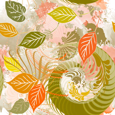 Leaves seamless pattern. Elegance colorful rough vector background. Modern repeat fantasy backdrop. Leafy ornaments with fractals, spirals, halftone shapes, lines. Abstract beautiful ornate design.のイラスト素材