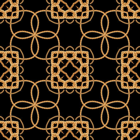 Ropes seamless pattern. Vector ornamental black background. Ethnic repeat backdrop. Floral lacy ornaments. Abstract lace flowers, lines, shapes. Beautiful design with twisted golden ropes, knots.のイラスト素材