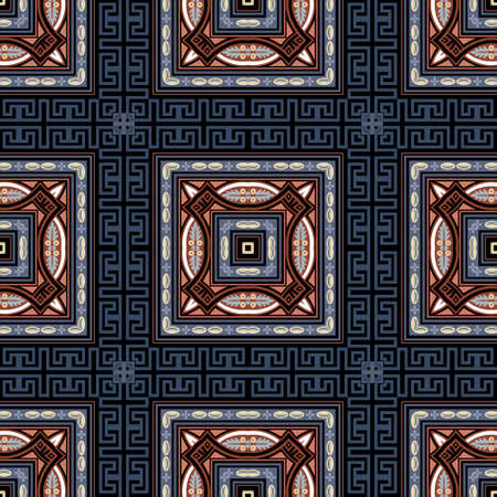 Checkered plaid tartan seamless pattern. Vector colorful greek background. Tribal ethnic style repeat backdrop. Modern design with frames, borders, squares, lines. Greek key, meanders grid ornaments.のイラスト素材
