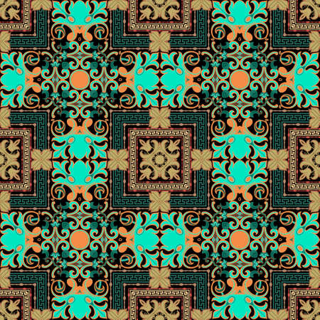 Vintage floral Baroque style seamless pattern. Vector ornamental colorful background. Repeat patterned backdrop. Geometric design with square frames, borders. Vintage flowers. Greek key, meanders.のイラスト素材