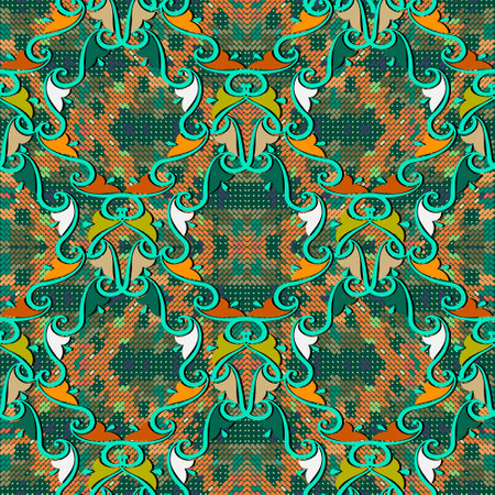 Floral seamless pattern. Halftone vector textured background. Grunge repeat backdrop. Damask ornament. Vintage colorful flowers, leaves. Half tone endless tapestry texture. Ornate mosaic design.のイラスト素材