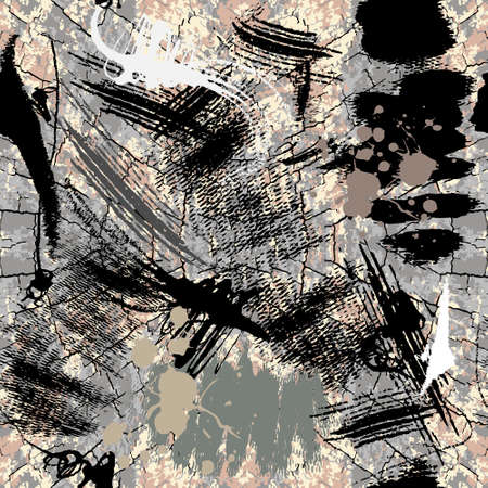 Modern textured grunge seamless pattern. Rough colorful stone background. Repeat vector dirty backdrop. Hand drawn grungy doodle brushstrokes, splashes. Abstract distressed brush strokes ornaments.のイラスト素材