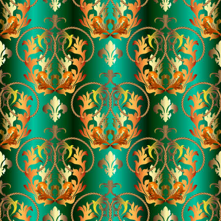 Gold Baroque old style seamless pattern. Ornamental vector green background. Repeat colorful backdrop. Vintage antique beautiful ornaments. Golden flowers, leaves, ropes. Luxury ornate royal design.のイラスト素材