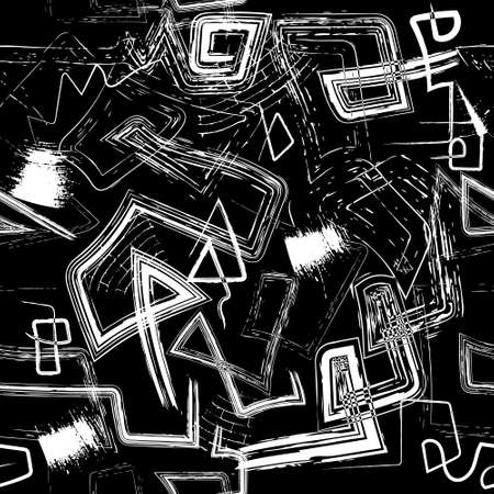 Textured seamless pattern. Modern rough black and white background. Repeat vector tribal backdrop. Hand drawn greek style doodle symbols, signs, brush strokes. Abstract ornaments. Endless texture.のイラスト素材