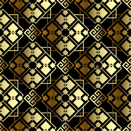 Gold geometric lines seamless pattern. Luxury modern vector background. Repeat Deco backdrop. Tribal ethnic greek style ornament with geometrical shapes, lines, squares, rhombus. Greek key, meanders.のイラスト素材