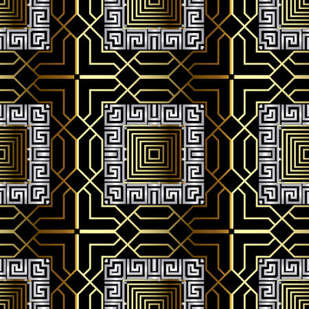 Gold geometric lines seamless pattern. Luxury modern vector background. Repeat Deco backdrop. Plaid tartan greek style ornaments with geometrical shapes, lines, squares, frames. Greek key, meanders.のイラスト素材