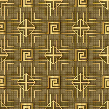 Gold lines geometric seamless pattern. Textured grid vector background. Repeat grunge Deco backdrop. Abstract structured beautiful ornaments with shapes, lines, squares, rhombus, greek key, meanders.のイラスト素材