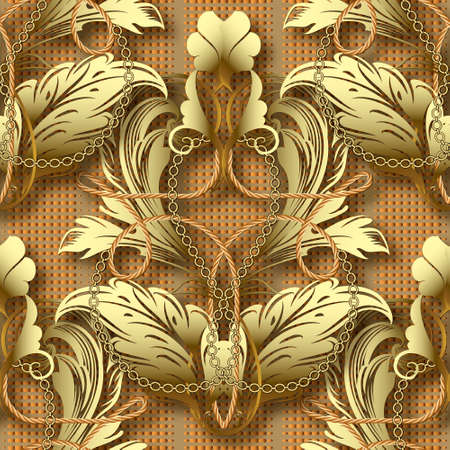 Baroque old style seamless pattern. Royal vector textured background. Repeat ornate halftone backdrop. Vintage luxury leafy 3d ornaments. Golden flowers, leaves, ropes, chains lines. Endless texture.のイラスト素材