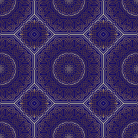 Gold luxury lines seamless pattern. Ornamental blue floral background. Repeat arabesque elegant background. Celtic gothic style golden Deco ornament. Beautiful ornate line art design. Endless texture.のイラスト素材